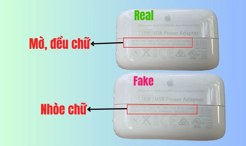 Nhận biết sạc iPad xịn thông qua chữ in trên cốc sạc