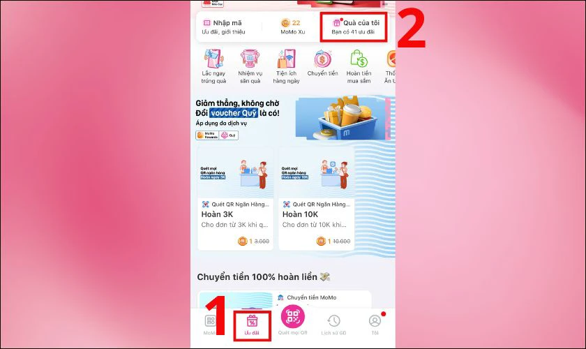 Mở app Momo, chọn vào Ưu đãi và chọn tiếp vào Quà của tôi