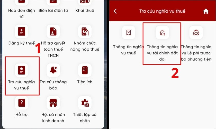 Bước 2: Chọn Tra cứu nghĩa vụ thuế, mục Thuế sử dụng đất phi nông nghiệp
