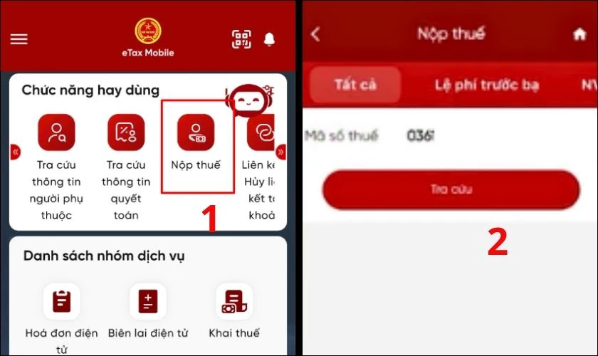 Bước 3: Chọn Nộp thuế, nhập đầy đủ thông tin theo yêu cầu