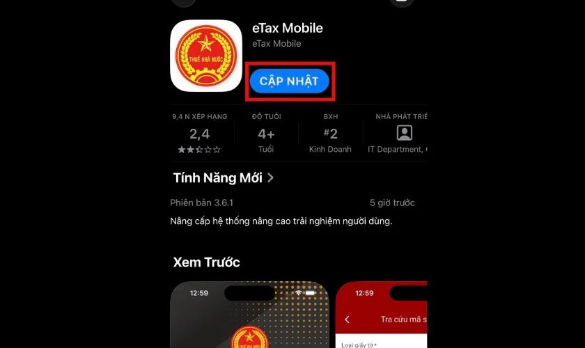 Thoát ứng dụng và đăng nhập lại hoặc cập nhật phiên bản eTax Mobile mới nhất