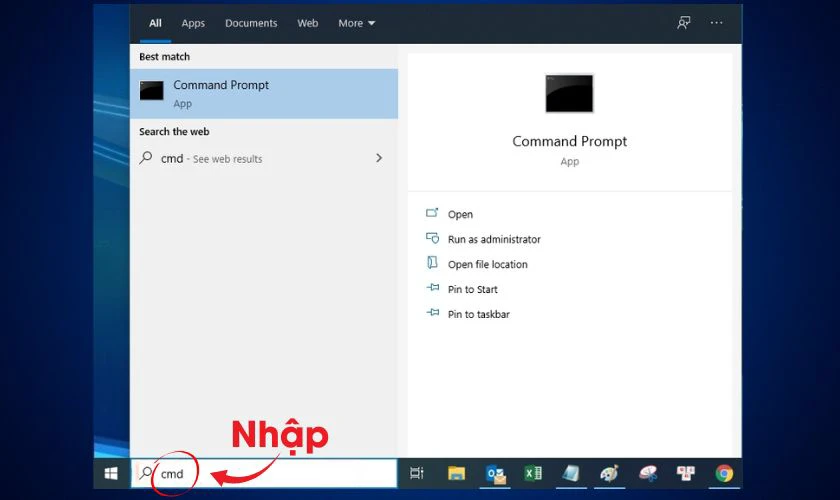 Mở Command Prompt dưới quyền Administrator: nhập cmd