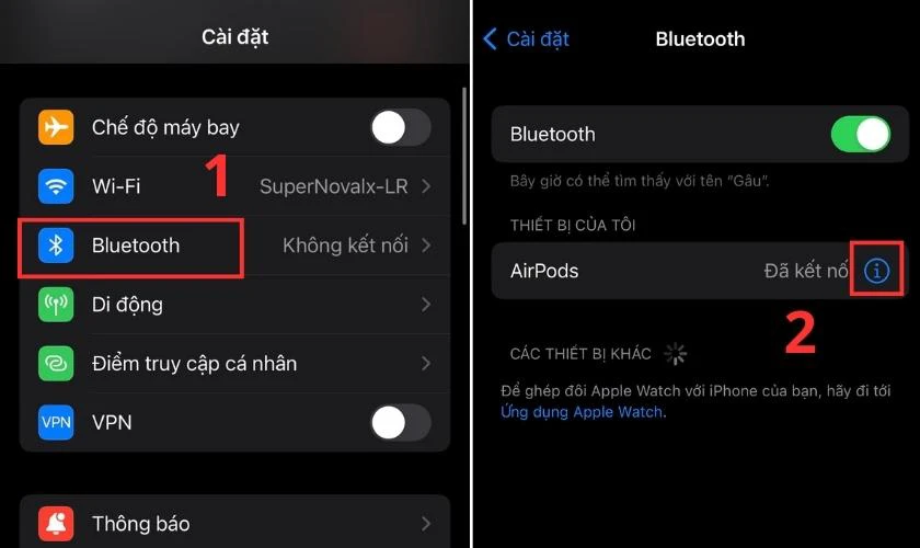 Bạn mở phần Cài đặt, chọn Bluetooth và chọn biểu tượng chữ i