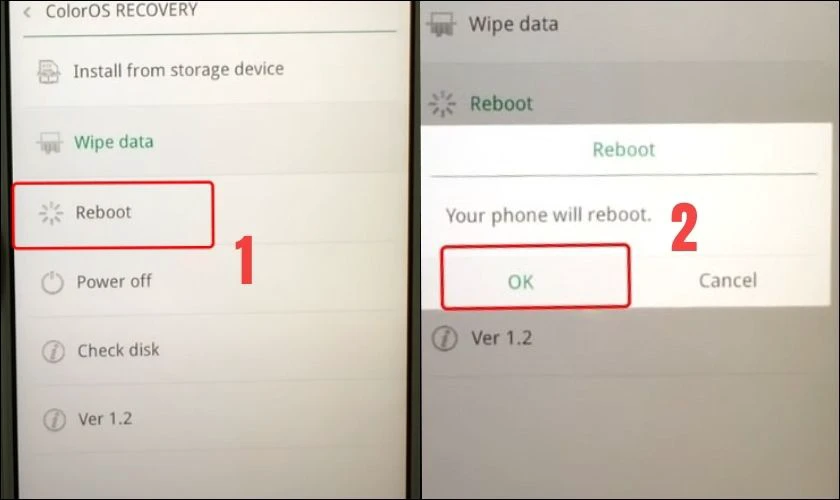 Chọn Reboot để khởi động lại máy