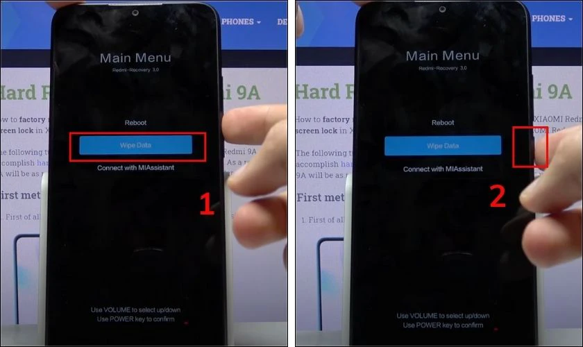 Sử dụng phím âm lượng để di chuyển Wipe Data