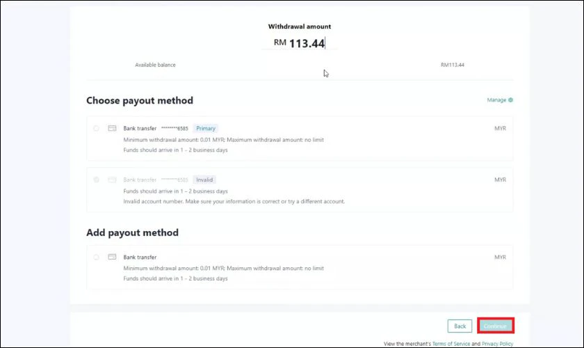 Chọn “Tiếp tục (Continue)” để rút tiền trên TikTok Seller