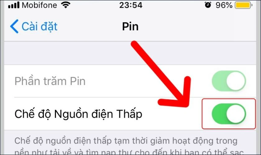 Gạt nút phần Chế độ nguồn điện thấp cho chuyển sang màu xanh là xong