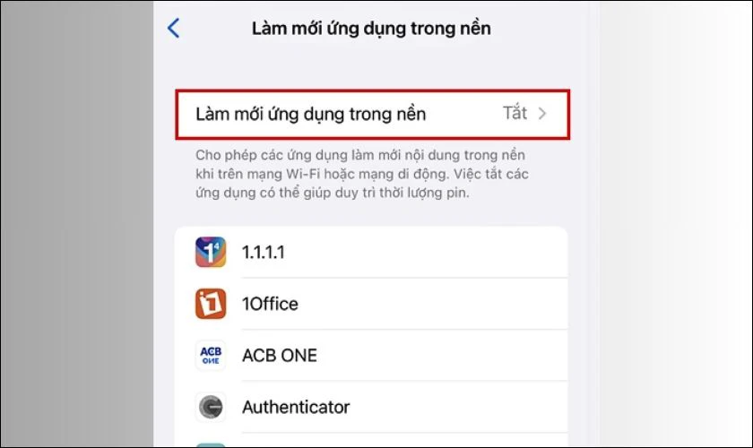 Tắt làm mới ứng dụng trong nền