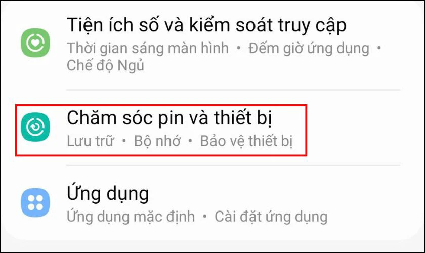 Tìm và chọn vào mục Chăm sóc pin và thiết bị
