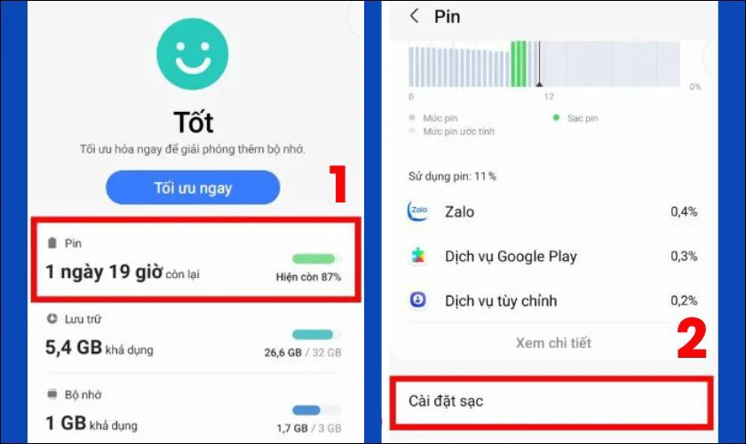 Tiếp tục chọn Pin trong mục hiển thị, sau đó chọn vào Cài đặt sạc