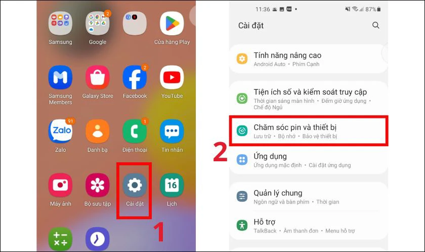 Vào Cài đặt chọn mục Chăm sóc pin và thiết b
