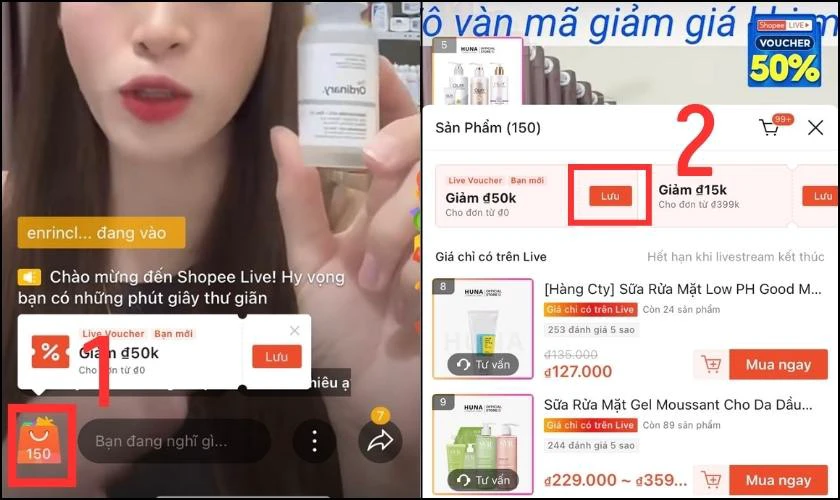 Lưu mã giảm giá tại Shopee Live/Feed