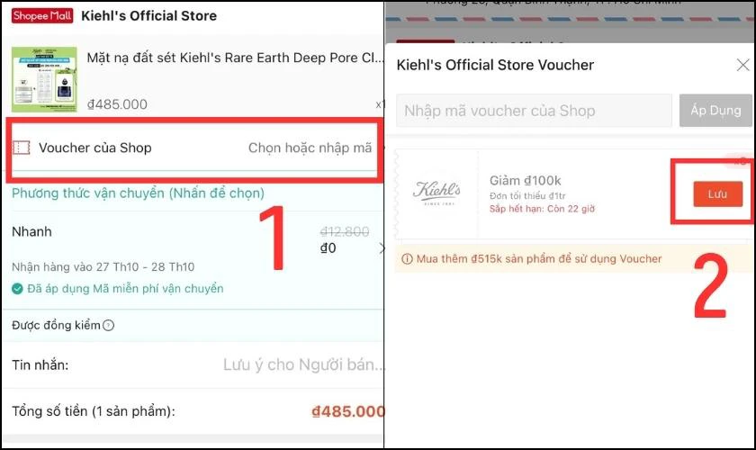 Thu thập voucher từ mục Voucher của shop