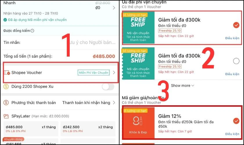 Áp các mã giảm giá đã có từ trước trong mục Shopee Voucher