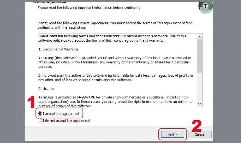 Tick chọn I accept the agreement và nhấn tiếp Next