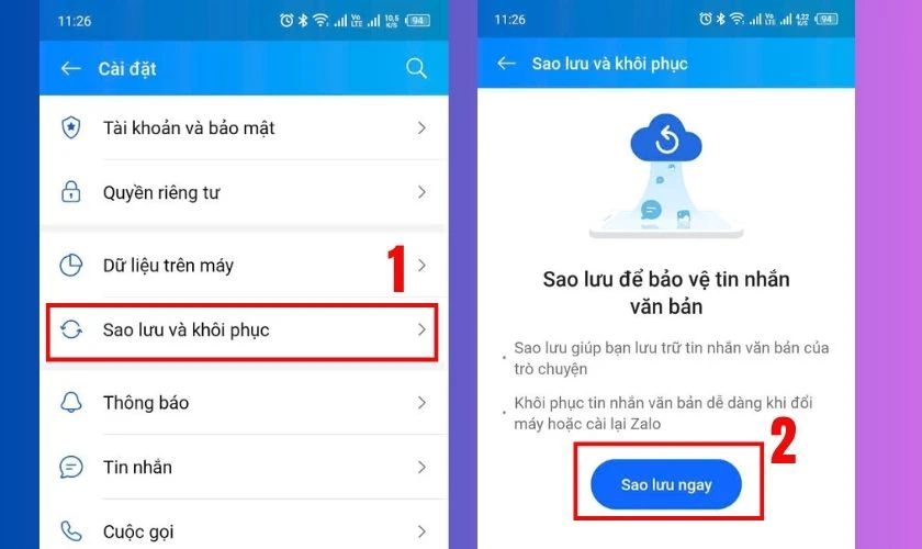 Chọn mục Sao lưu và khôi phục trong menu cài đặt