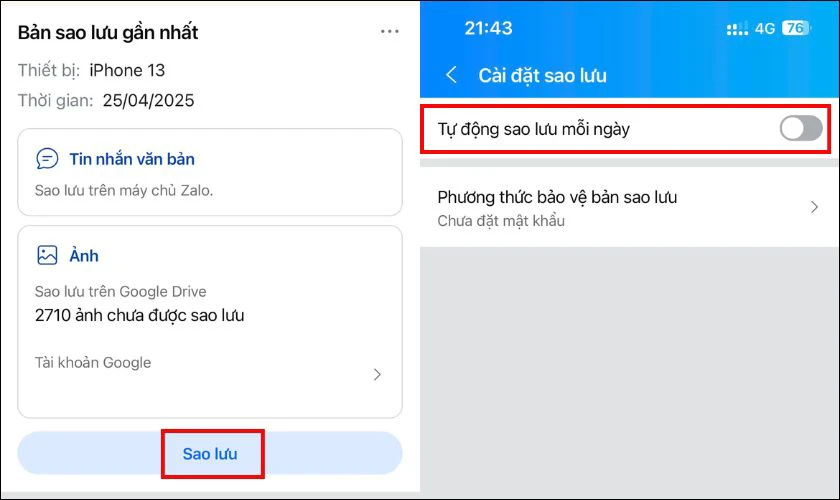 Nhấn Sao lưu hoặc bật tính năng Tự động sao lưu mỗi ngày