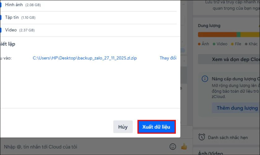 Chọn các loại dữ liệu rồi nhấn Xuất dữ liệu