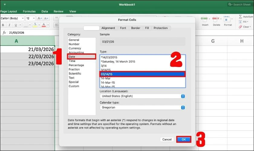Tại tab Date bạn nhấn chọn đúng kiểu định dạng mà bản thân mong muốn