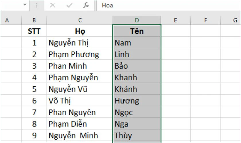 Mở file Excel và bôi đen toàn bộ cột Tên