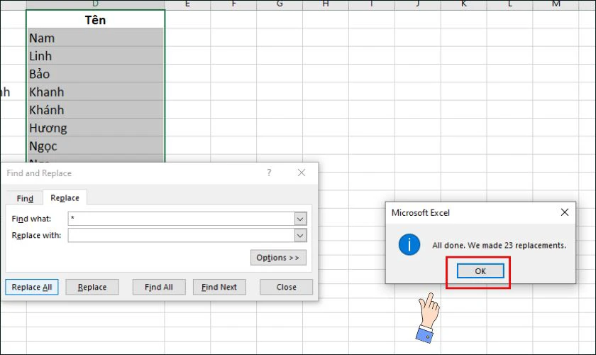 Hộp thoại mới xuất hiện, nhấn chọn Ok để có được cột mới chỉ có Tên