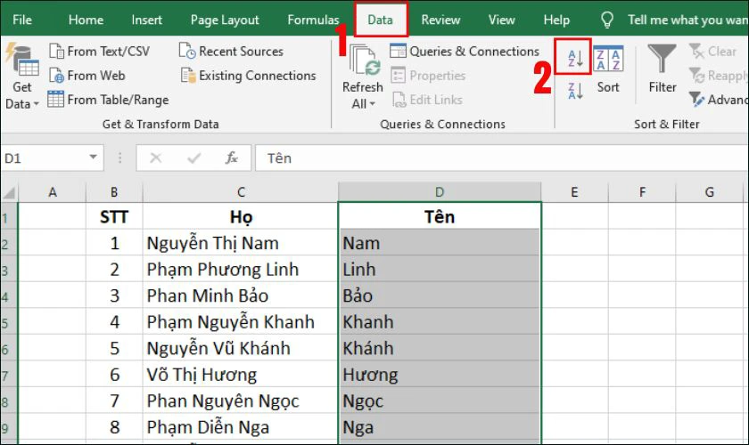 Vào tab Data sau đó nhấn chọn Sort A to Z