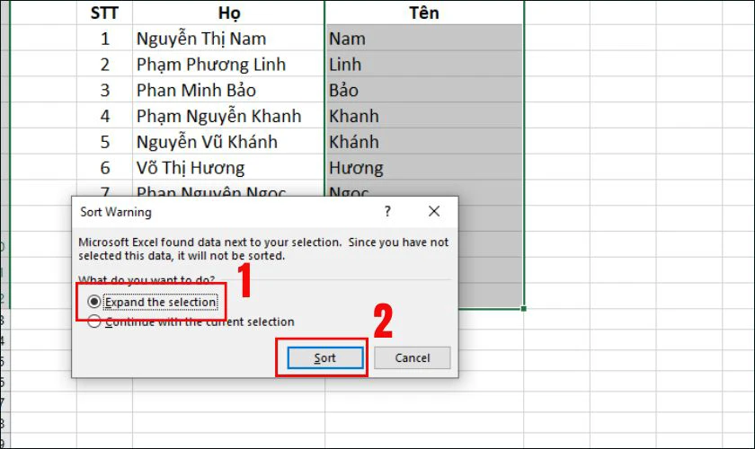 Tick chọn Expand the selection, sau đó nhấn chọn Sort