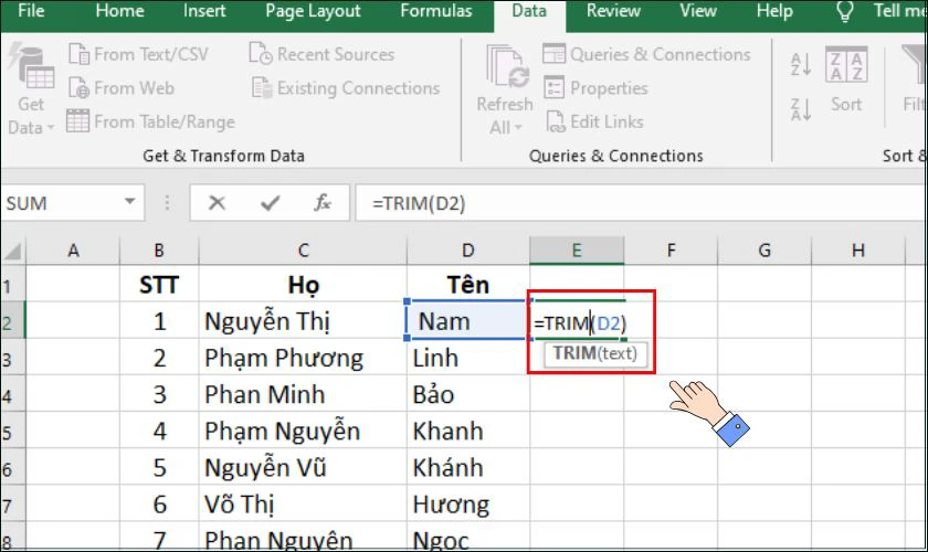 Tạo một cột phụ và nhập công thức =TRIM(X)
