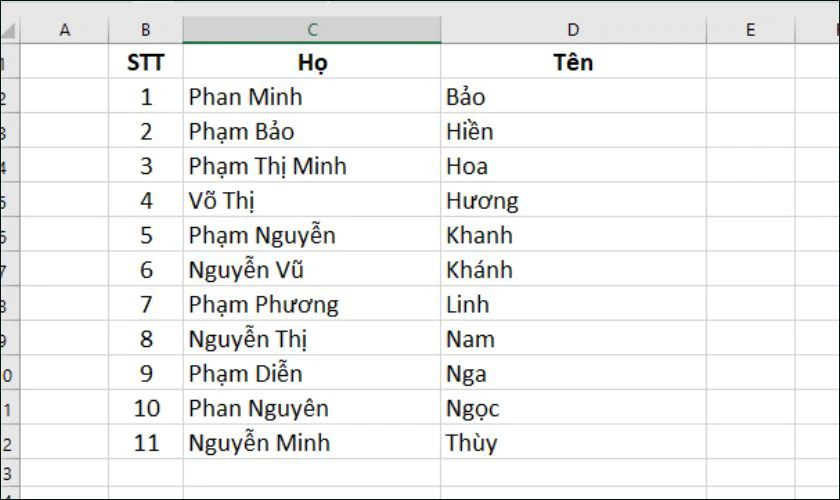 Xóa đi cột phụ và tiến hành sắp xếp cột tên lại bằng Sort A to Z