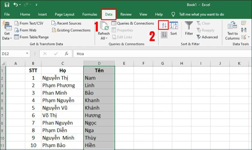 Trên thanh công cụ, chọn tab Data sau đó nhấn vào Sort A to Z