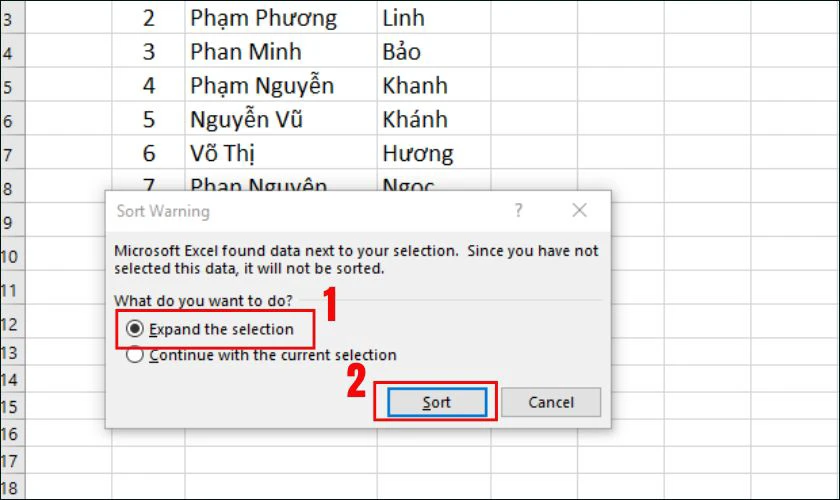 Cách sắp xếp tên theo ABC trong Excel bằng công cụ Sort