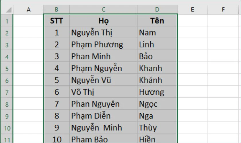 Chọn toàn bộ bảng dữ liệu cần xử lý