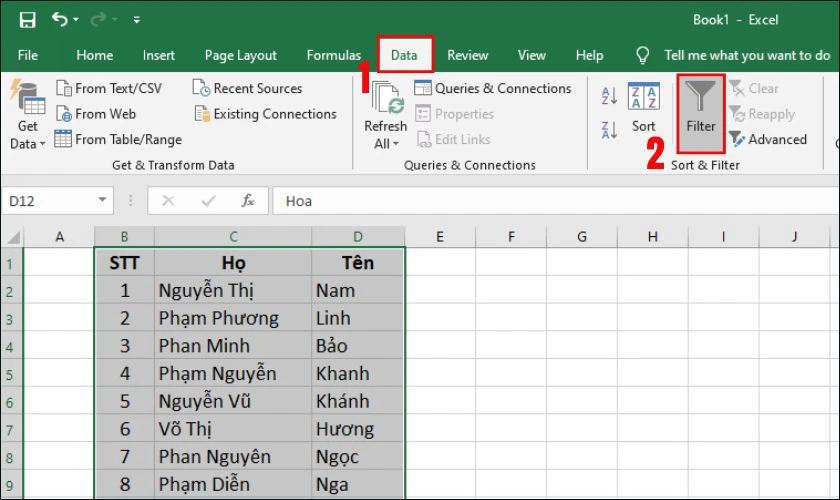 Vào tab Data sau đó nhấn chọn Filter