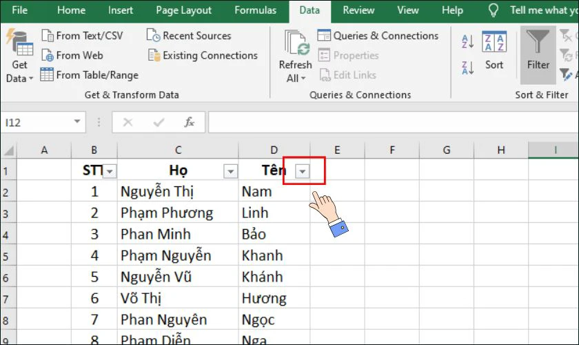 Nhấn vào biểu tượng lọc hình tam giác ngược ở cột Tên
