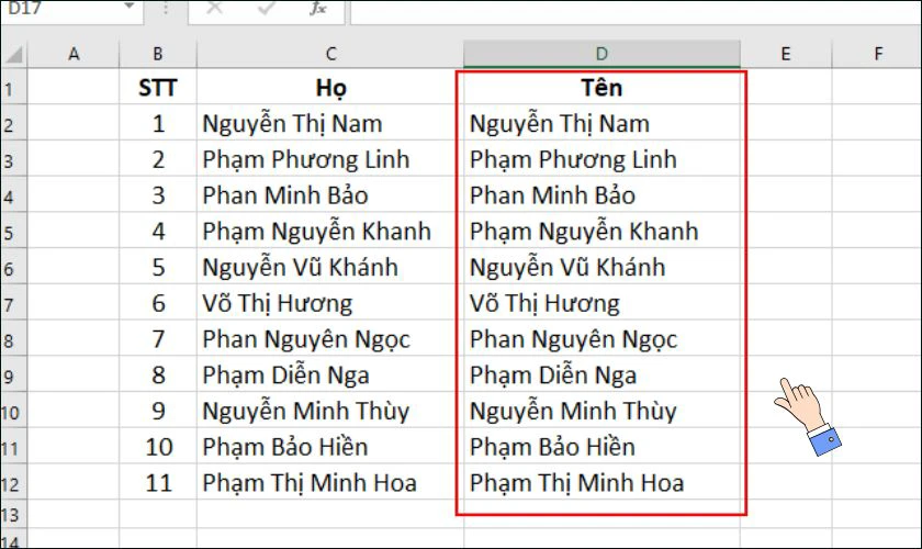 Chèn thêm một cột mới bên cạnh cột Họ và tên và đặt tên là Tên