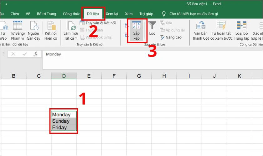 Vào tab Data (Dữ liệu), rồi chọn Sort (Sắp xếp)