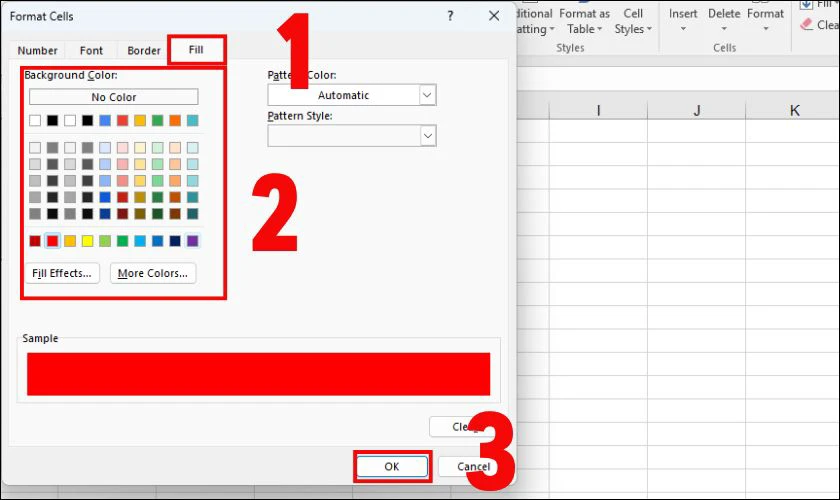 Trong cửa sổ Format Cells, chọn tab Fill