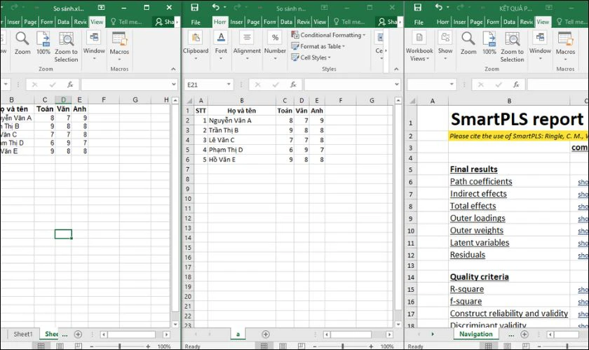 Các file Excel sẽ được hiển thị cạnh nhau theo cách bạn đã chọn