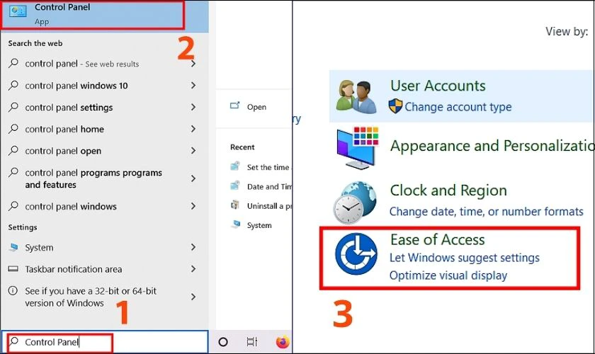 Chọn biểu tượng Start, chọn Control Panel và nhấn Ease of Access