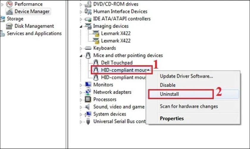 Nhấn chuột phải vào chuột rời và chọn Uninstall device