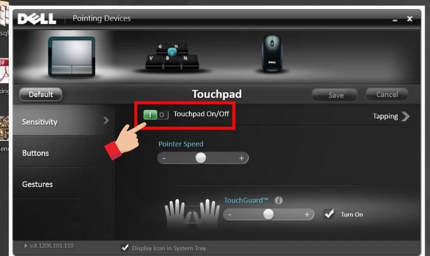 Chuyển trạng thái touchpad sang ON để kích hoạt chuột cảm ứng trên laptop Dell