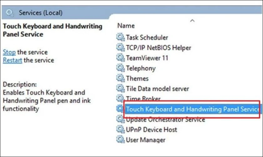 Nhấp đúp vào dịch vụ Touch Keyboard and Handwriting Panel Service