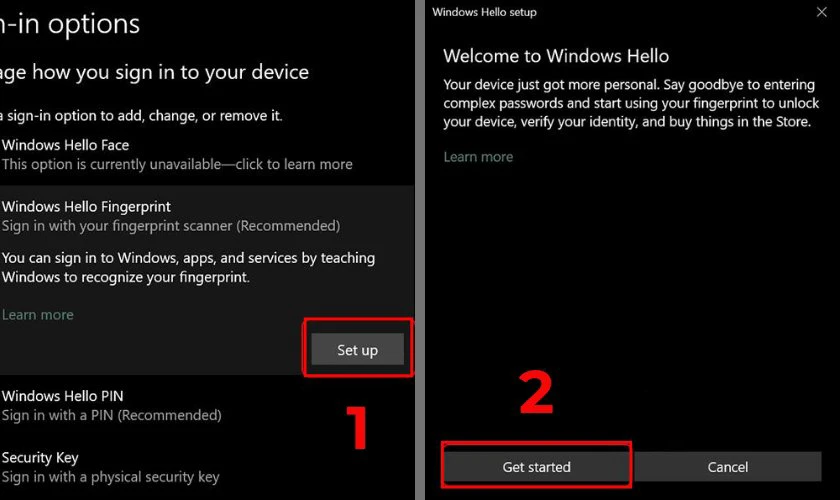  Tại phần Windows Hello Fingerprint, bấm vào Set up