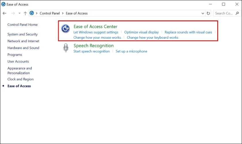Chọn mục Ease of Access Center để tùy chỉnh