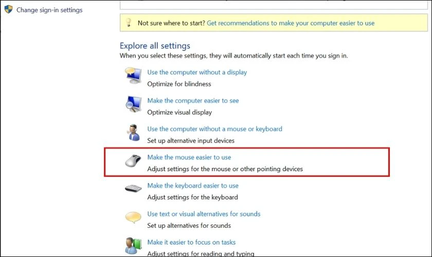 Chọn tiếp mục Make the mouse easier to use