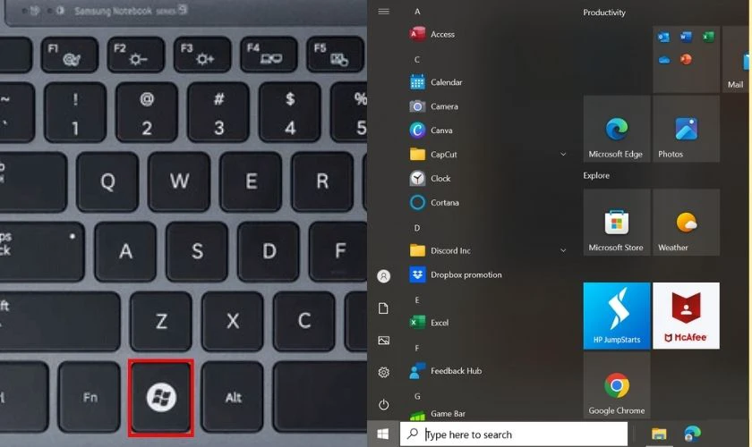 Bạn có thể mở Start bằng cách ấn phím Windows