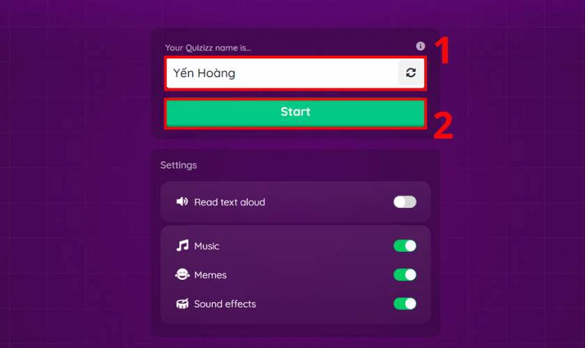 Nhập tên mình muốn hiển thị ở trong bài kiểm tra