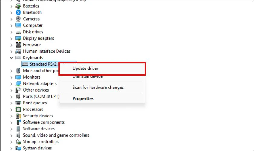 Tìm mục Keyboards, nhấp chuột phải vào bàn phím của bạn và chọn Update Driver
