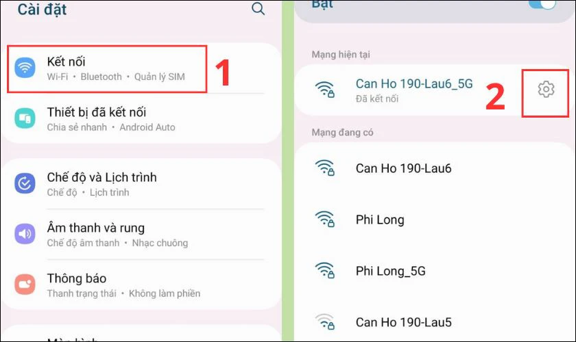 Chọn vào biểu tượng bánh răng ở mục Wifi đã kết nối