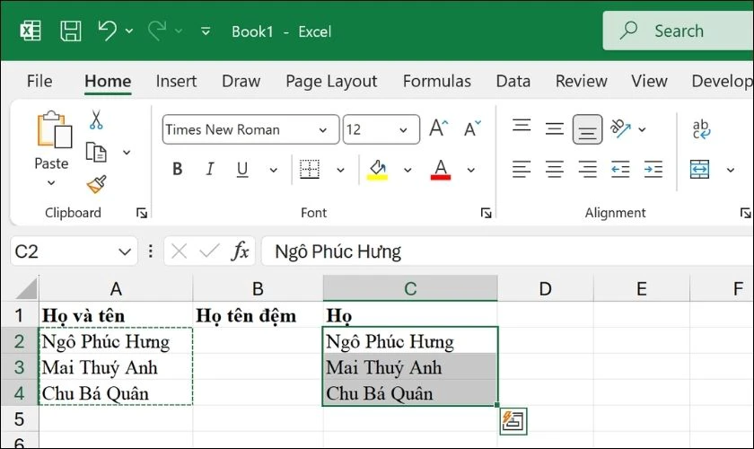 Cách tách họ và tên thành cột riêng trong Excel bằng Find and Replace